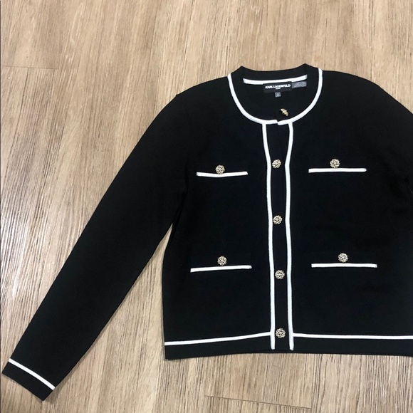New Karl Lagerfeld Paris Black Cardigan with White Trim S - Picture 2 of 6